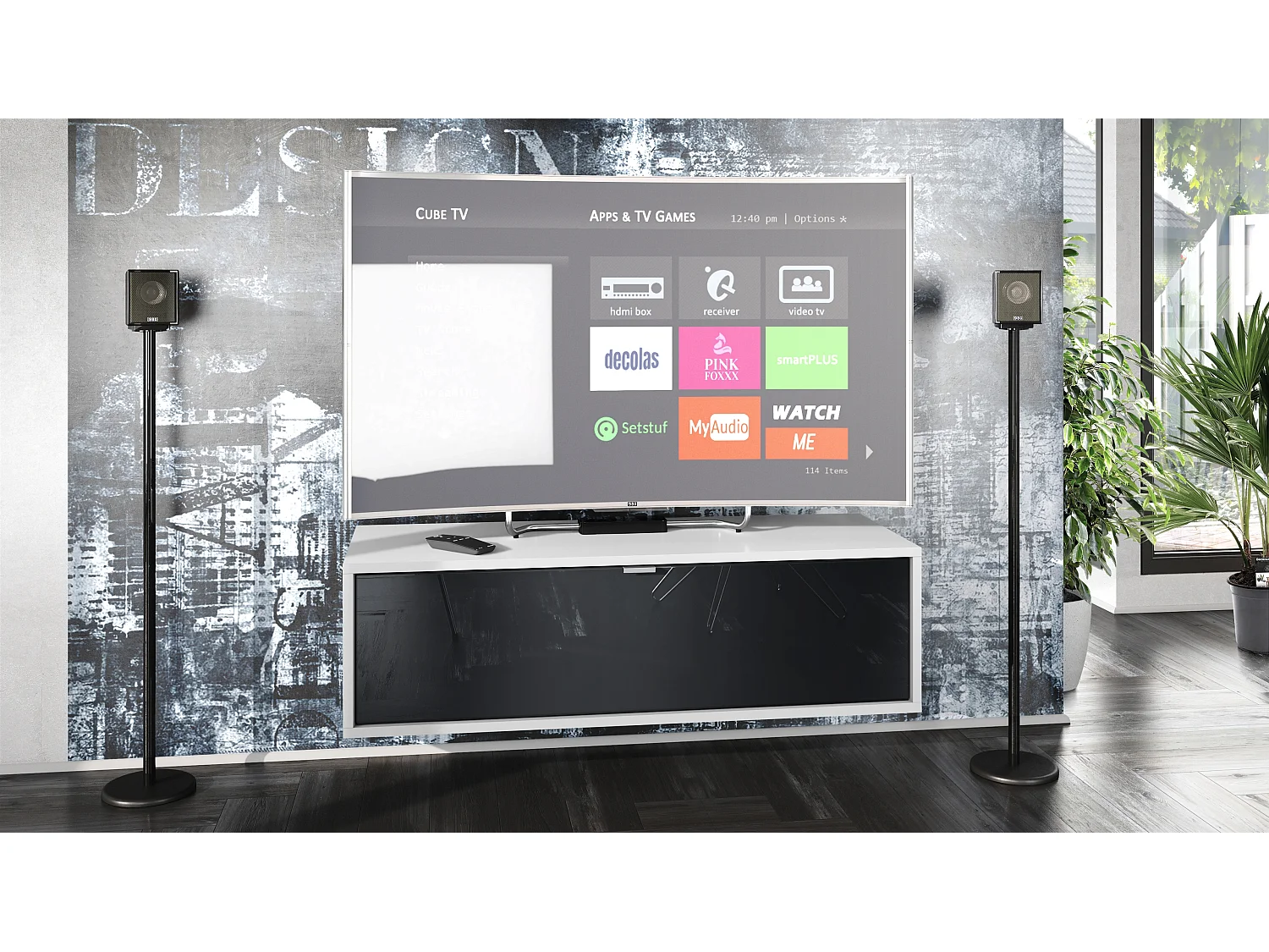 Meuble TV Lana 100 armoire murale lowboard 100 x 29 x 37 cm, caisson en Blanc mat, façades en Noir haute brillance | Grand choix de couleurs