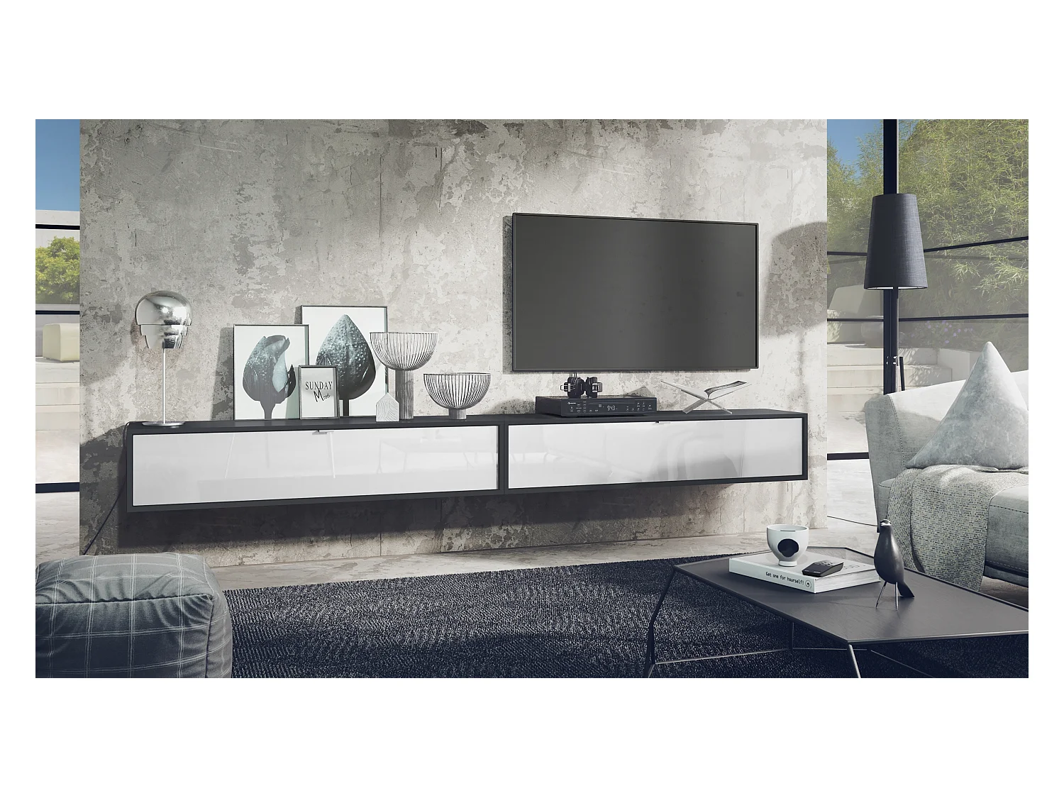 Ensemble de 2 set meuble TV Lana 140, lowboards de 140x29x37 cm chacun avec beaucoup d'espace de rangement, caisson en Noir mat, façades en Blanc brillant