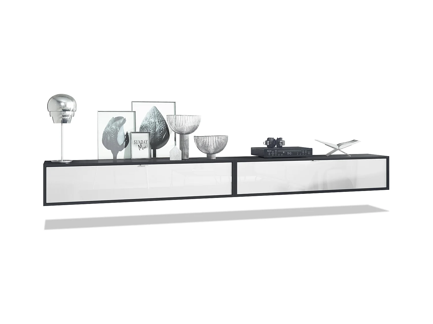 Ensemble de 2 set meuble TV Lana 140, lowboards de 140x29x37 cm chacun avec beaucoup d'espace de rangement, caisson en Noir mat, façades en Blanc brillant