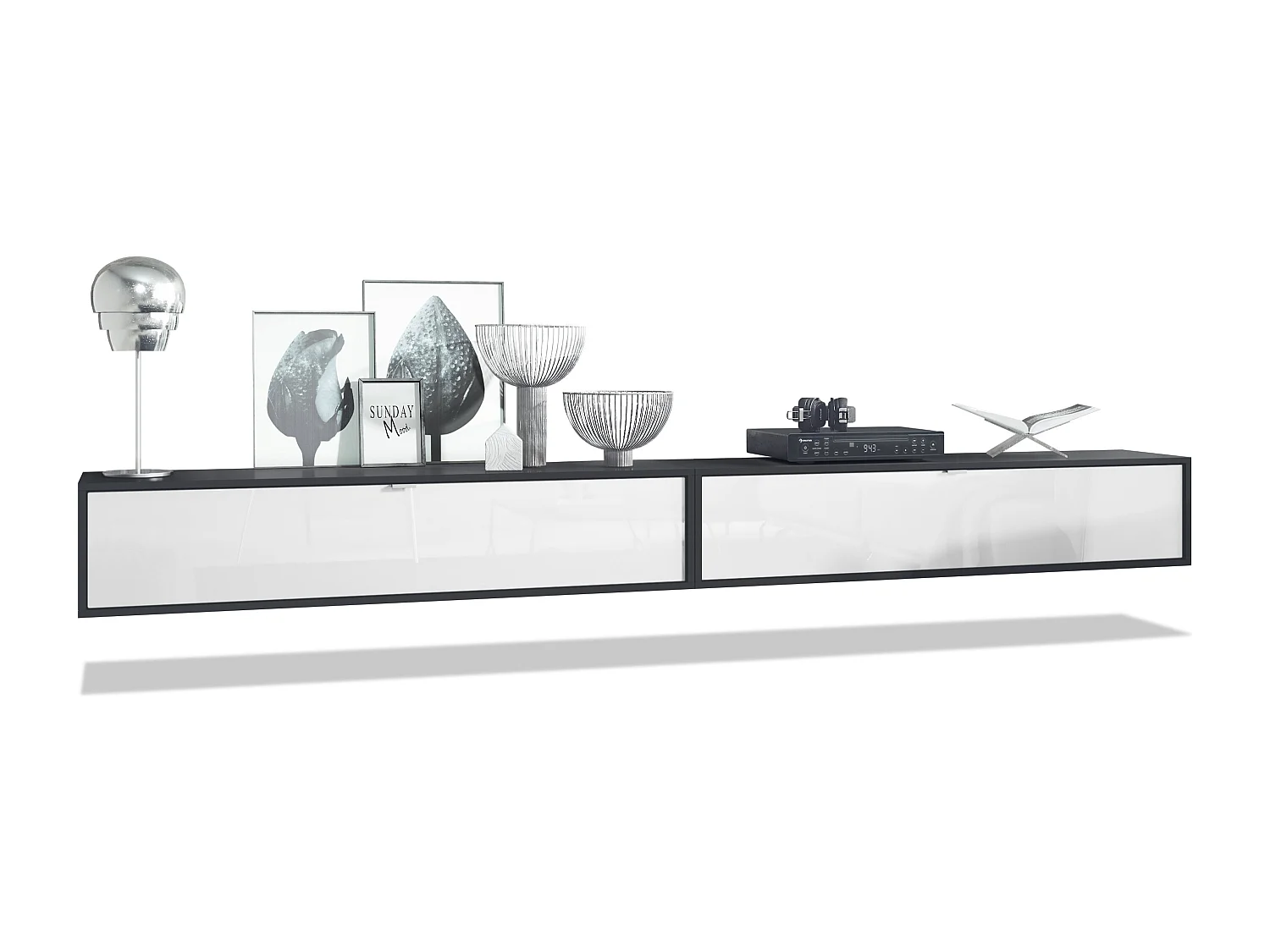 Ensemble de 2 set meuble TV Lana 140, lowboards de 140x29x37 cm chacun avec beaucoup d'espace de rangement, caisson en Noir mat, façades en Blanc brillant