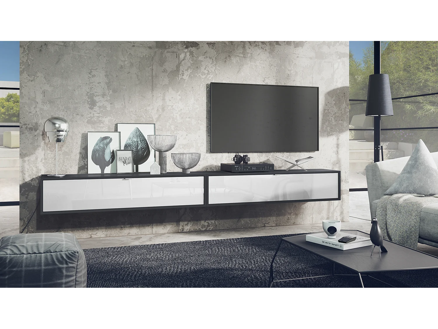 Ensemble de 2 set meuble TV Lana 140, lowboards de 140x29x37 cm chacun avec beaucoup d'espace de rangement, caisson en Noir mat, façades en Blanc brillant