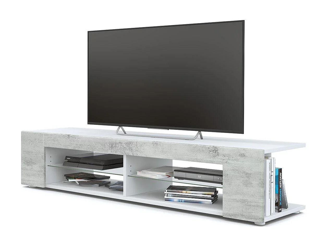 Buffet bas Movie, Meuble TV avec 4 compartiments ouverts et placages décoratifs, Blanc mat/Aspect Béton Oxyde (134 x 29 x 39 cm)