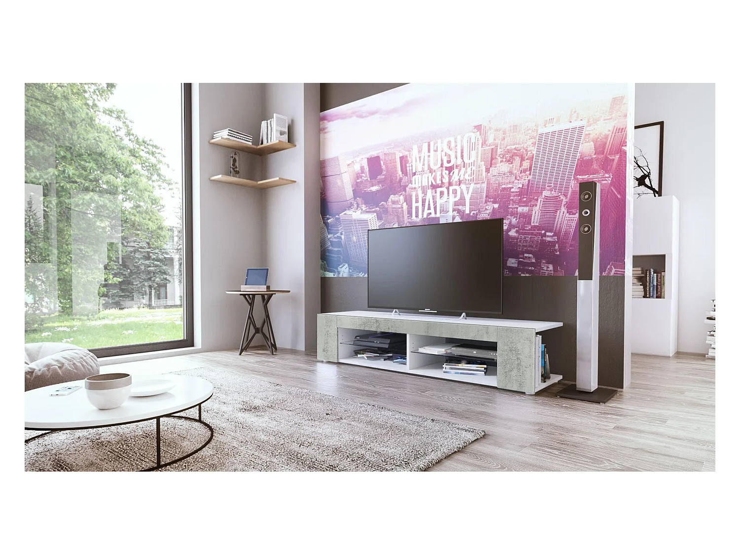 Buffet bas Movie, Meuble TV avec 4 compartiments ouverts et placages décoratifs, Blanc mat/Aspect Béton Oxyde (134 x 29 x 39 cm)