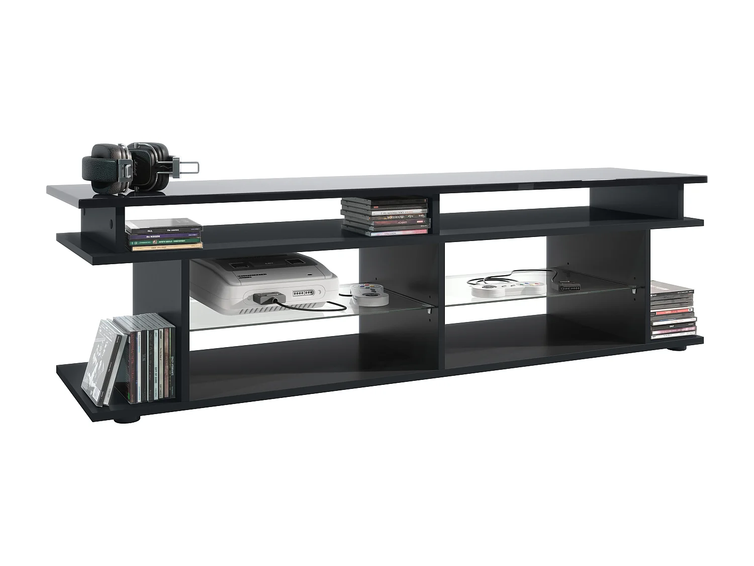 TV Board Movie V3 Game On 138,5 x 39 x 37,5 cm , carcassa in nero opaco, supporto per monitor Game in nero lucido