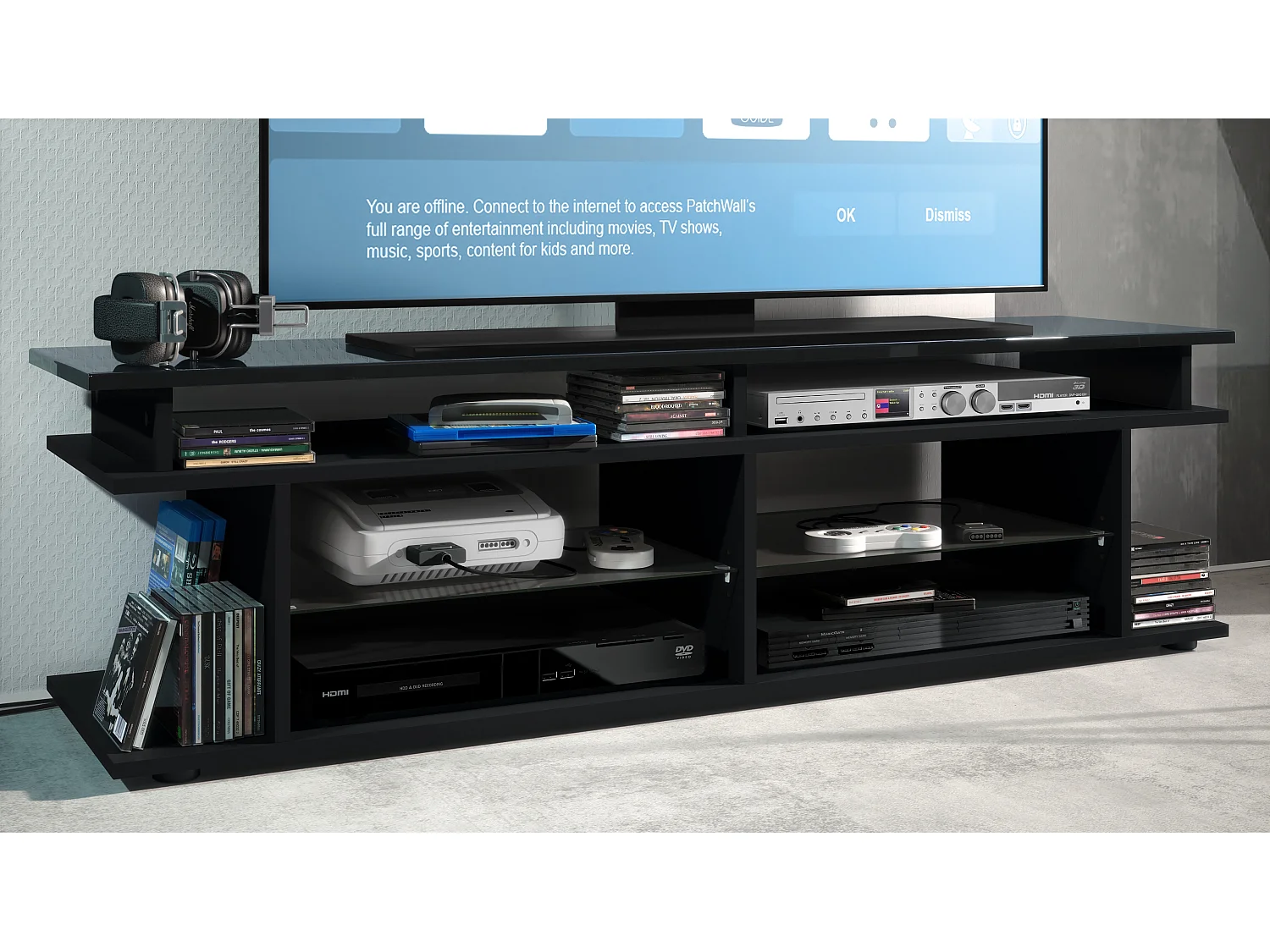 TV Board Movie V3 Game On 138,5 x 39 x 37,5 cm , carcassa in nero opaco, supporto per monitor Game in nero lucido