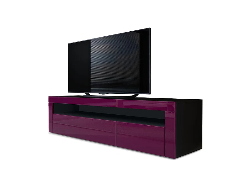 Buffet bas Valencia, Meuble TV avec 1 compartiment ouvert et 2 clapets, Noir mat/mûre haute brillance/mûre haute brillance (155 x 46 x 40 cm)
