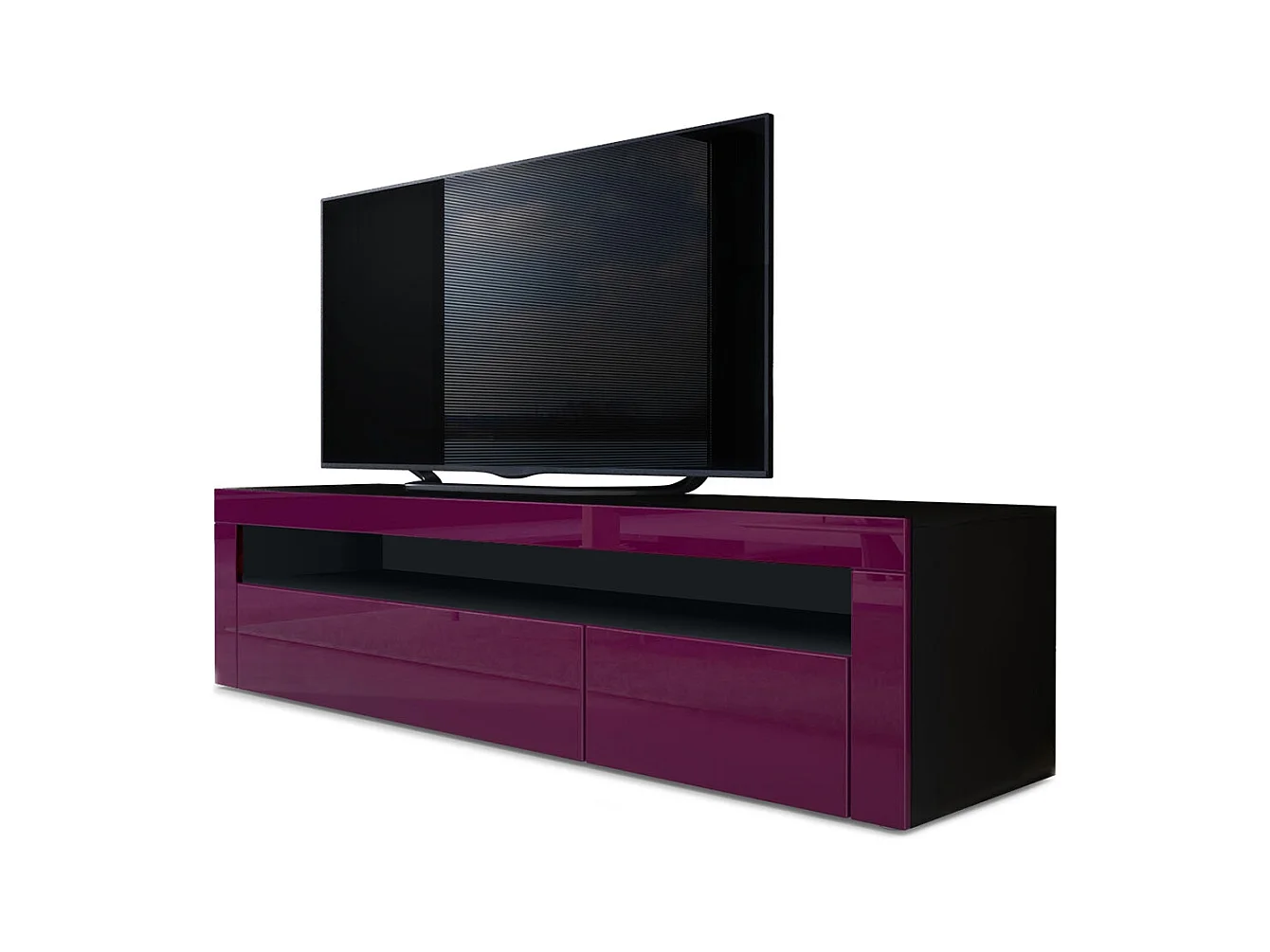 Buffet bas Valencia, Meuble TV avec 1 compartiment ouvert et 2 clapets, Noir mat/mûre haute brillance/mûre haute brillance (155 x 46 x 40 cm)