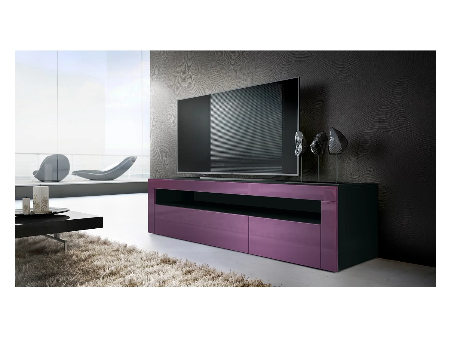 Buffet bas Valencia, Meuble TV avec 1 compartiment ouvert et 2 clapets, Noir mat/mûre haute brillance/mûre haute brillance (155 x 46 x 40 cm)