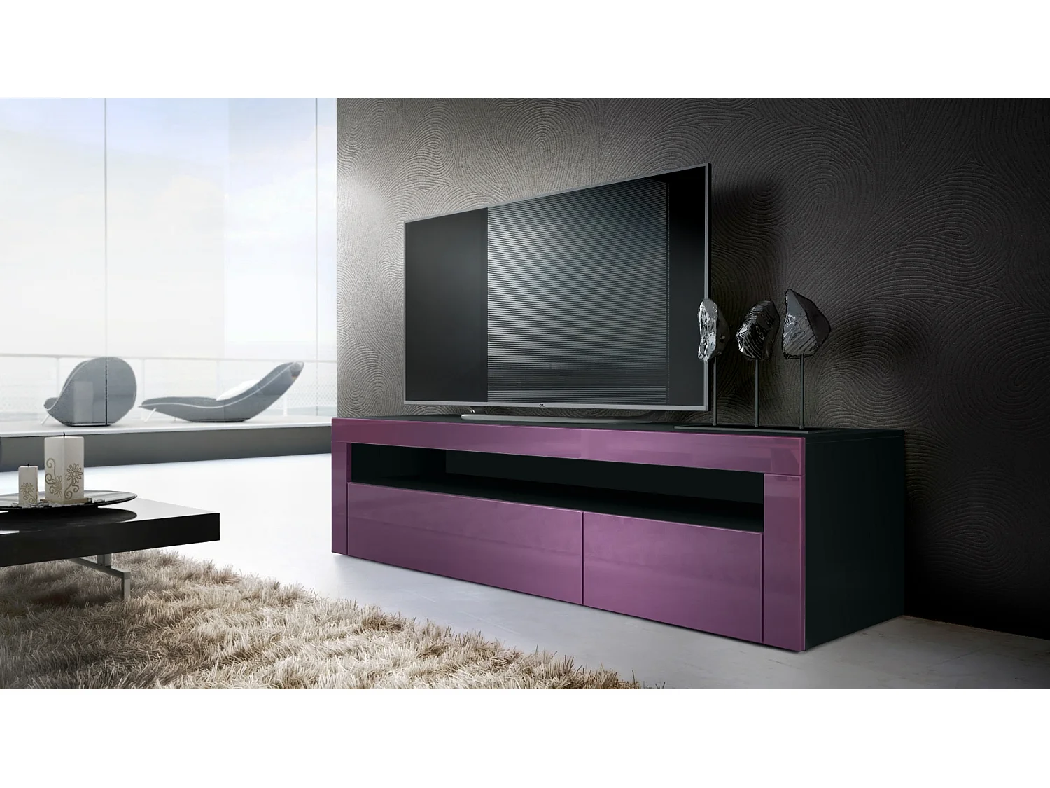 Buffet bas Valencia, Meuble TV avec 1 compartiment ouvert et 2 clapets, Noir mat/mûre haute brillance/mûre haute brillance (155 x 46 x 40 cm)