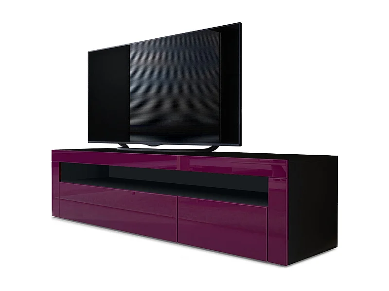 Buffet bas Valencia, Meuble TV avec 1 compartiment ouvert et 2 clapets, Noir mat/mûre haute brillance/mûre haute brillance (155 x 46 x 40 cm)