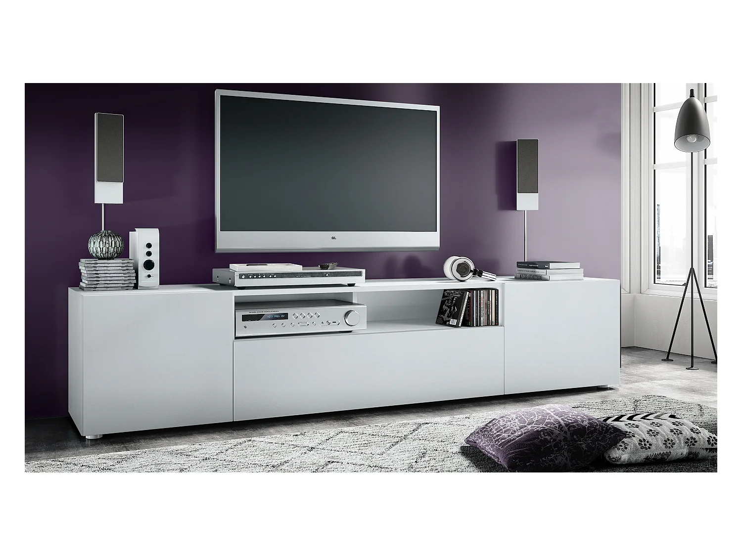 Buffet bas Mogan, Meuble TV avec 2 portes, 1 clapet et 1 compartiment ouvert, Blanc mat/Blanc mat (181 x 39 x 35 cm)