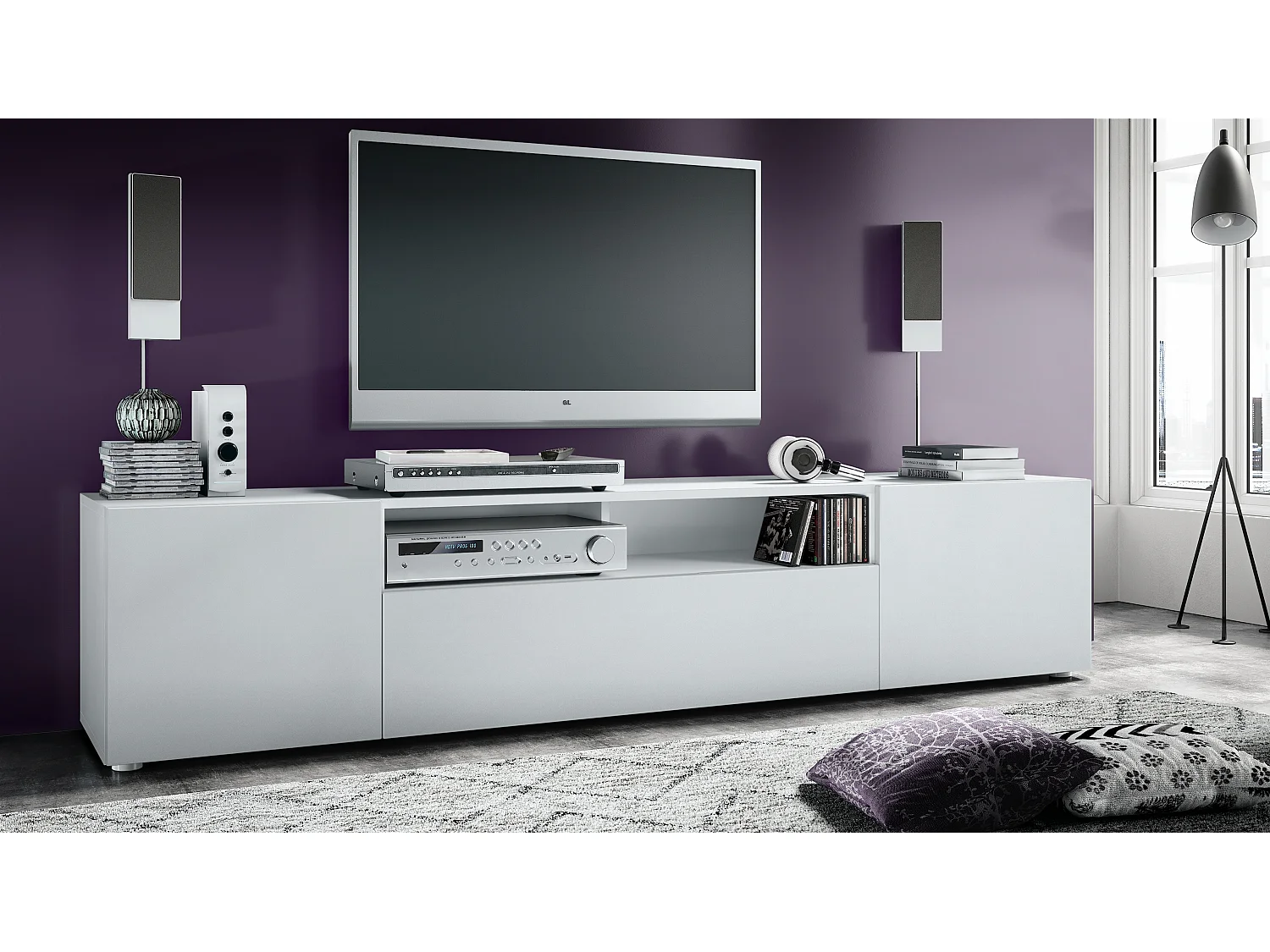 Mobiletto  Mogan, mobile TV con 2 ante, 1 anta a ribalta e 1 scomparto a giorno, bianco opaco/bianco opaco (181 x 39 x 35 cm)