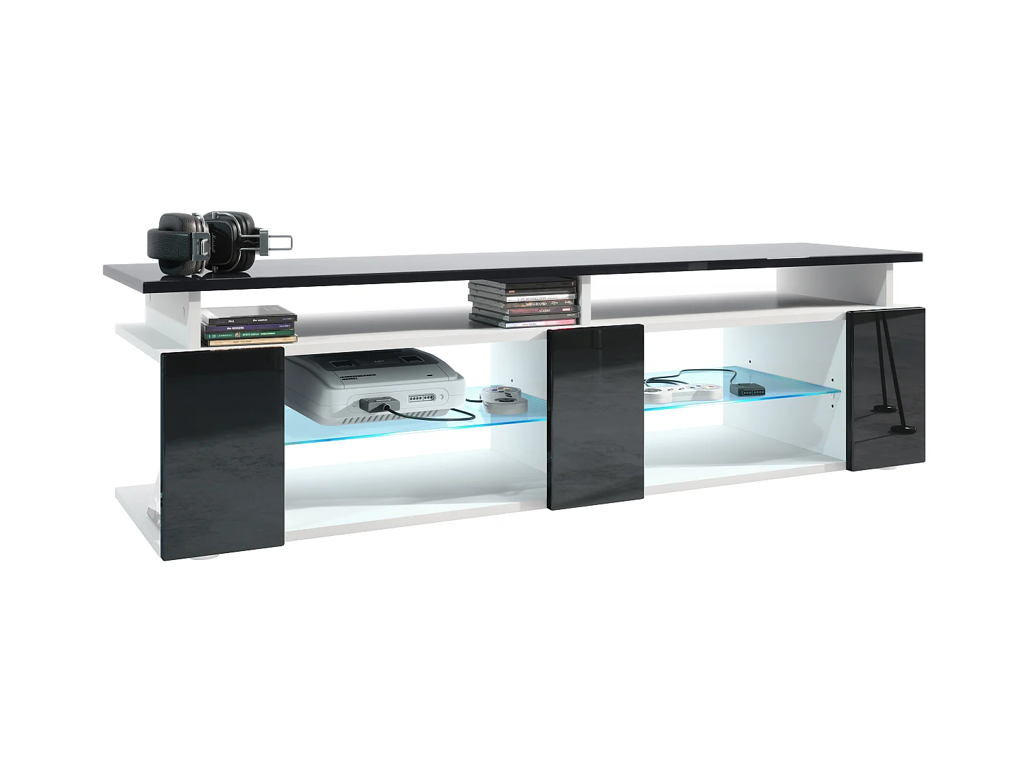 TV Board Movie V2 Game On Lowboard 138,5 x 39 x 39 cm , caisson en blanc mat, façades en noir haute brillance