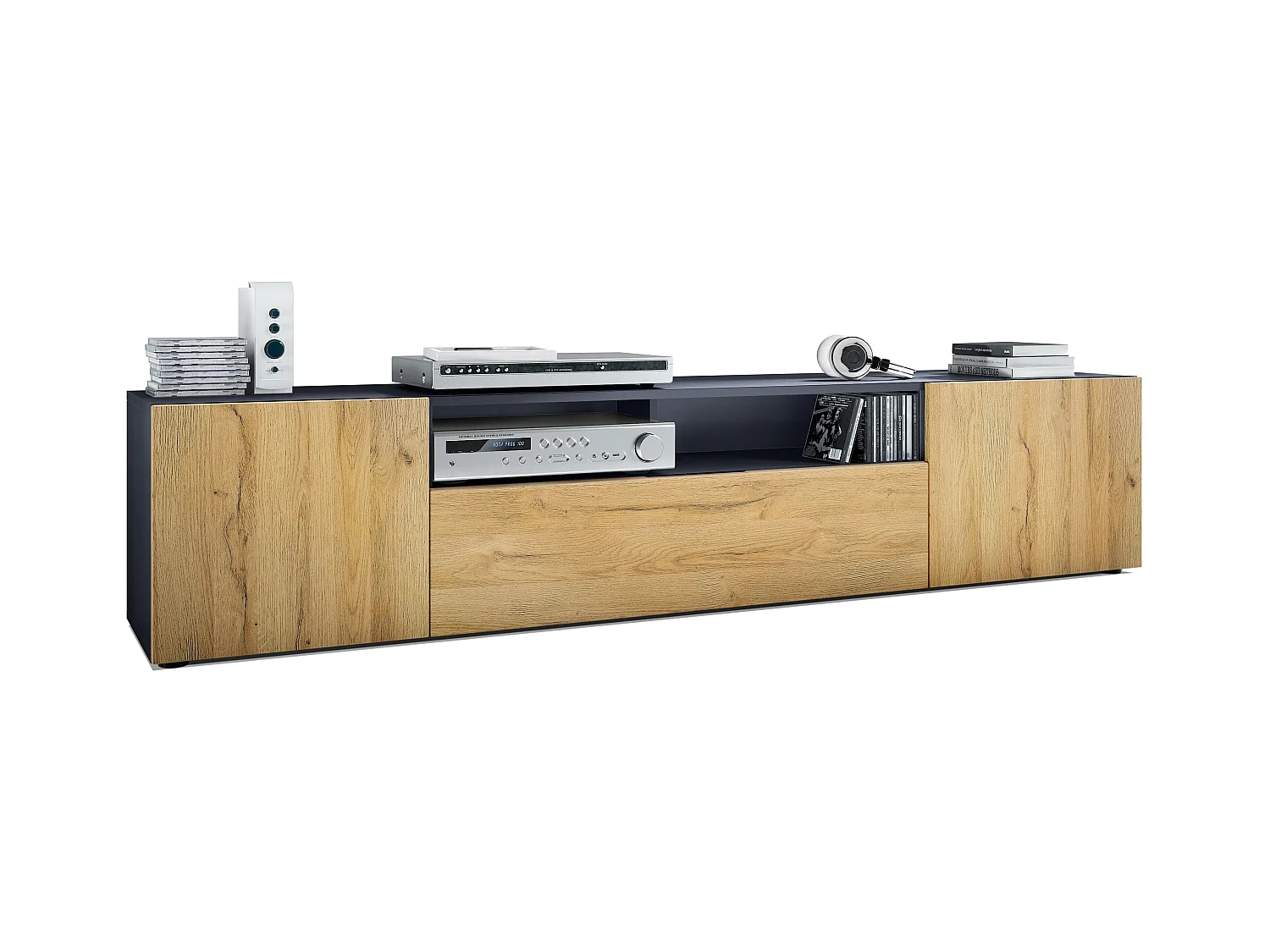 Meuble TV Mogan 181 x 39 x 35 cm, lowboard long avec 6 compartiments, caisson en anthracite mat, façades en Chêne Nature