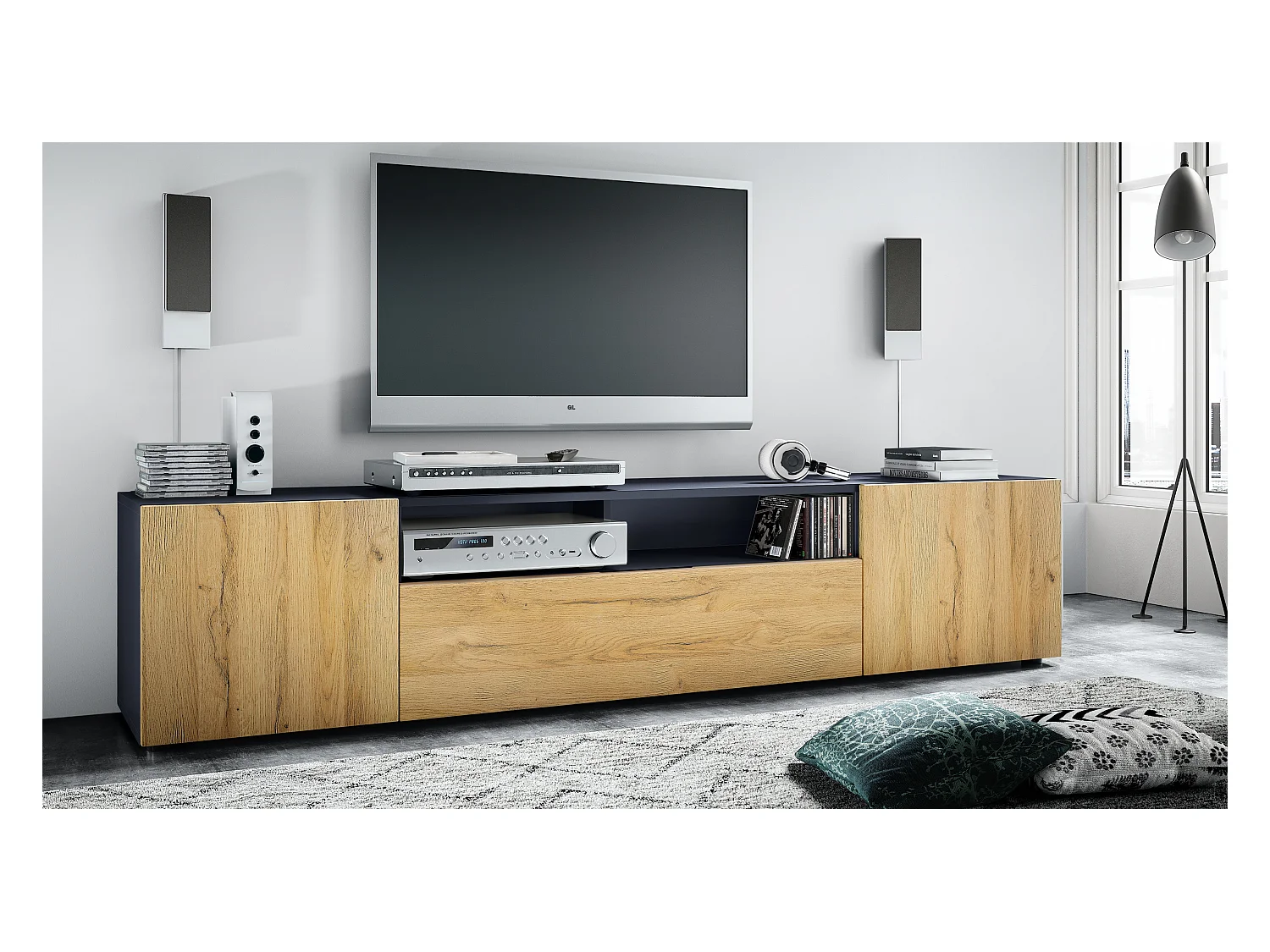 Meuble TV Mogan 181 x 39 x 35 cm, lowboard long avec 6 compartiments, caisson en anthracite mat, façades en Chêne Nature