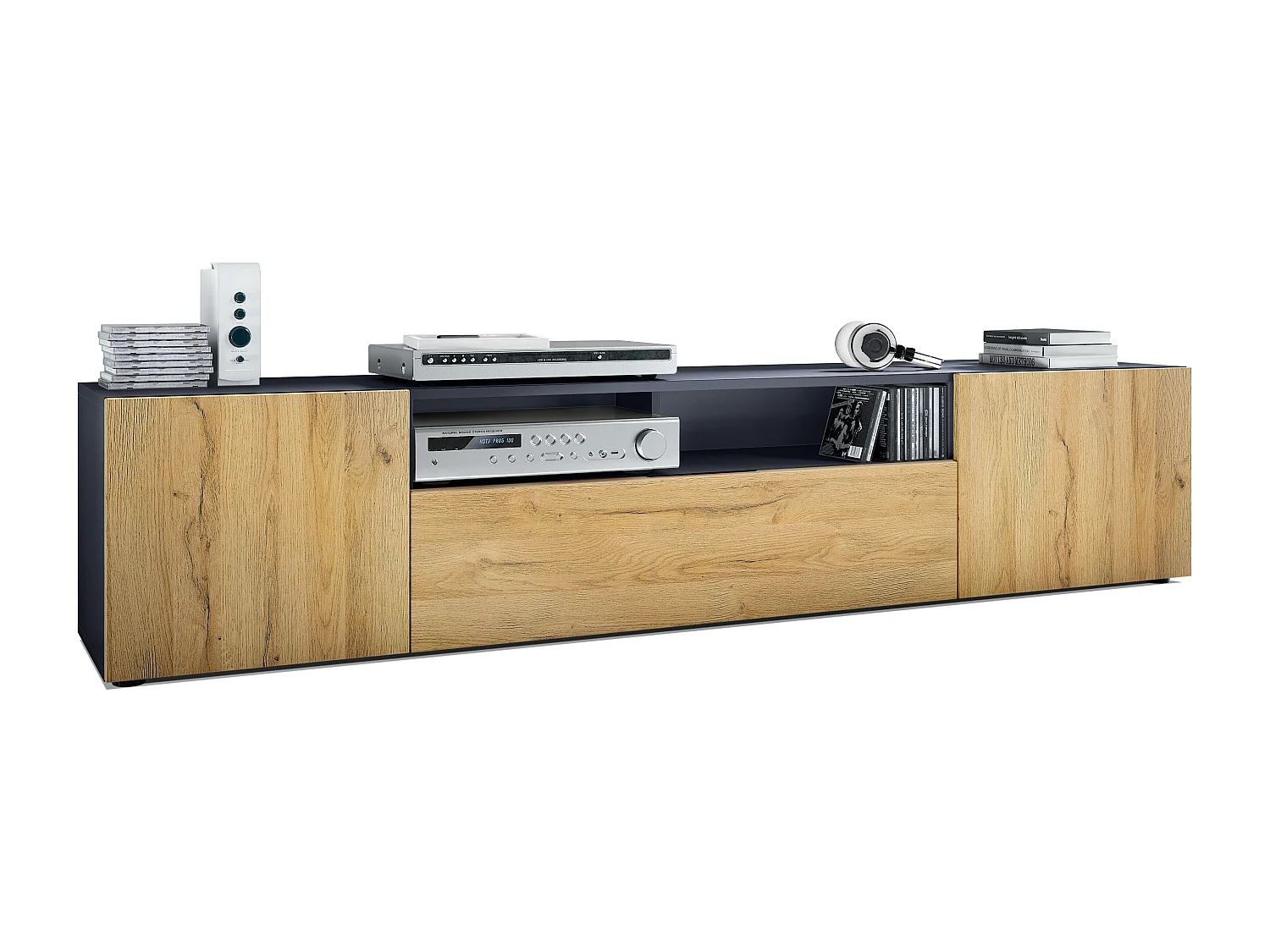 TV Board Mogan 181 x 39 x 35 cm, lavagna lunga con 6 scomparti, corpo in antracite opaco, frontali in Rovere Nature