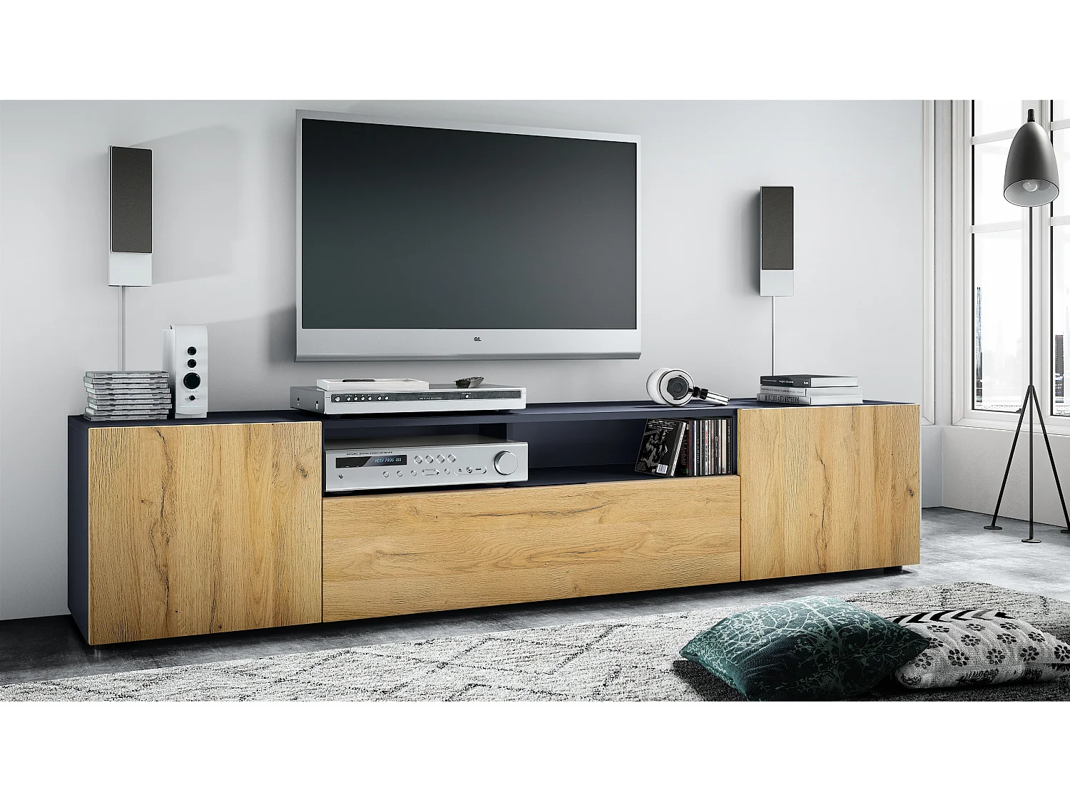 TV Board Mogan 181 x 39 x 35 cm, lavagna lunga con 6 scomparti, corpo in antracite opaco, frontali in Rovere Nature
