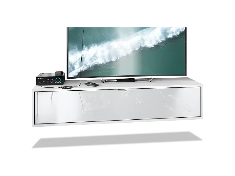 Meuble TV Lana 140 armoire murale lowboard 140 x 29 x 37 cm, caisson en blanc mat, façades en Blanc haute brillance | Grand choix de couleurs