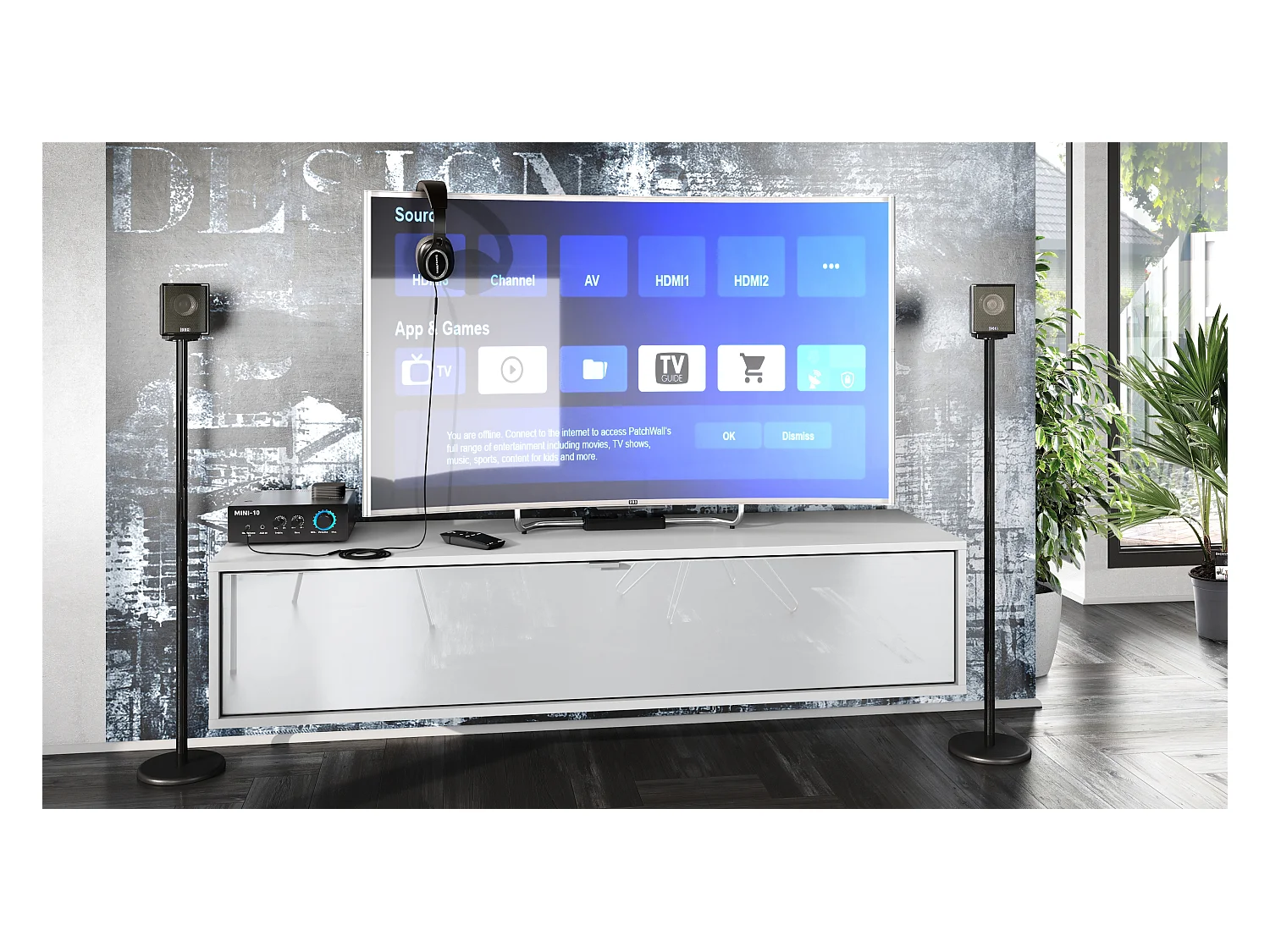 Mueble televisor Lana 140 Mueble de pared para televisión 140 x 29 x 37 cm, Cuerpo en Blanco Mate, Frentes en Blanco de alto brillo | Gran variedad de colores