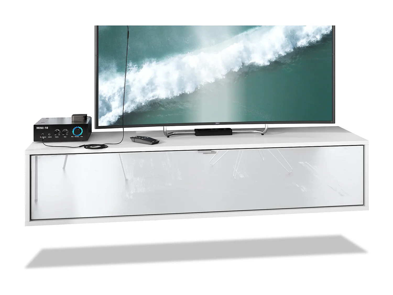 TV Board Lana 140 mobile da parete Porta TV 140 x 29 x 37 cm, struttura in bianco opaco, frontali in bianco lucido | Ampia scelta di colori