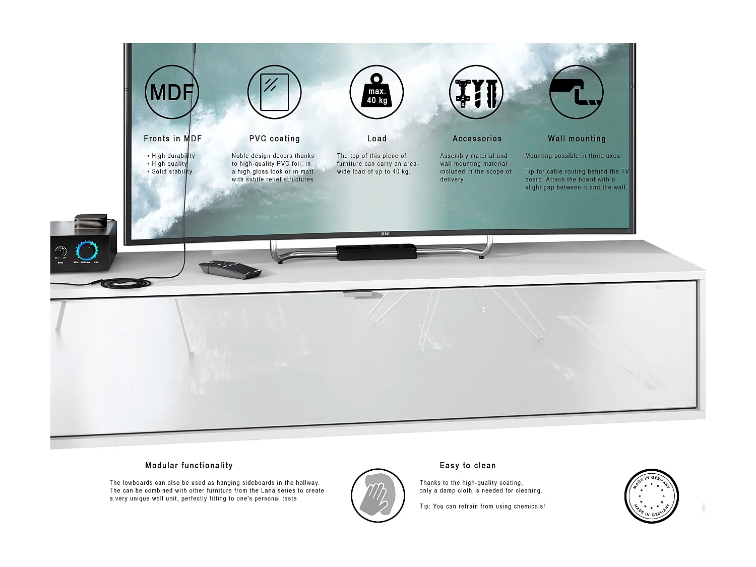 TV Board Lana 140 mobile da parete Porta TV 140 x 29 x 37 cm, struttura in bianco opaco, frontali in bianco lucido | Ampia scelta di colori