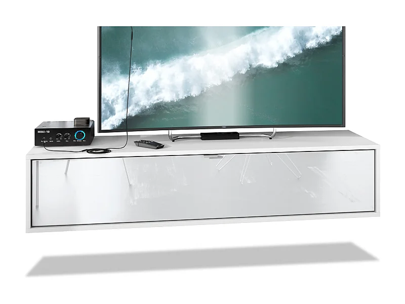 Meuble TV Lana 140 armoire murale lowboard 140 x 29 x 37 cm, caisson en blanc mat, façades en Blanc haute brillance | Grand choix de couleurs