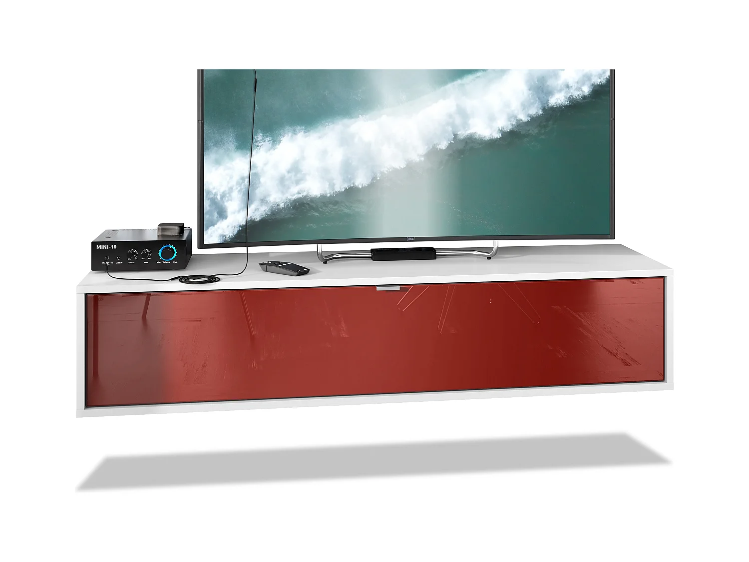 Mueble televisor Lana 140 Mueble de pared para televisión 140 x 29 x 37 cm, Cuerpo en Blanco Mate, Frentes en Burdeos de alto brillo | Gran variedad de colores