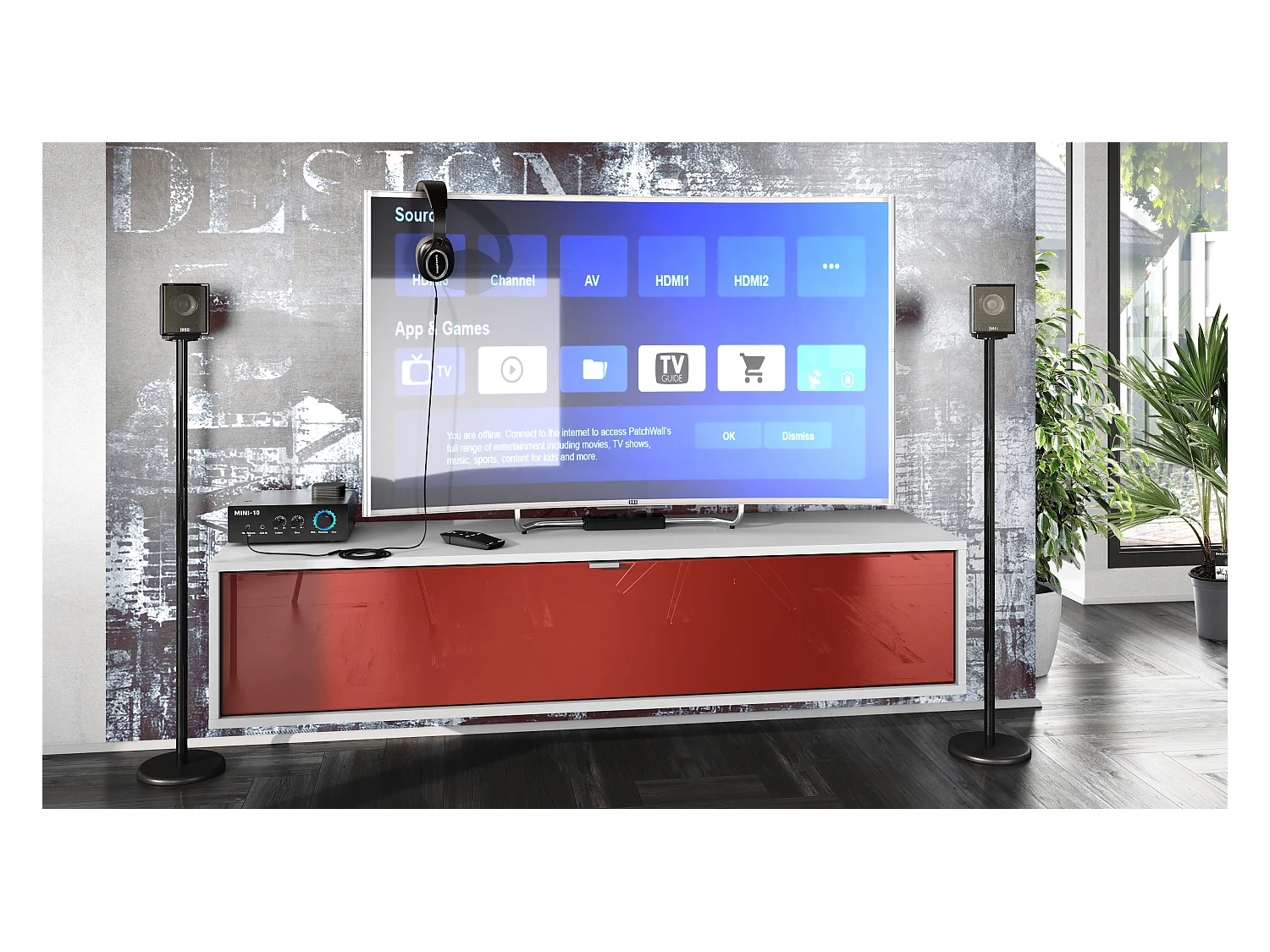 Mueble televisor Lana 140 Mueble de pared para televisión 140 x 29 x 37 cm, Cuerpo en Blanco Mate, Frentes en Burdeos de alto brillo | Gran variedad de colores