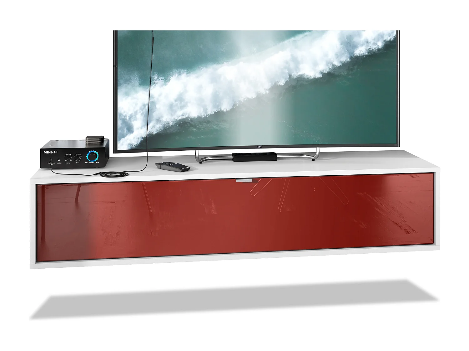 TV Board Lana 140 mobile da parete Porta TV 140 x 29 x 37 cm, struttura in bianco opaco, frontali in Bordeaux High Gloss | Ampia scelta di colori