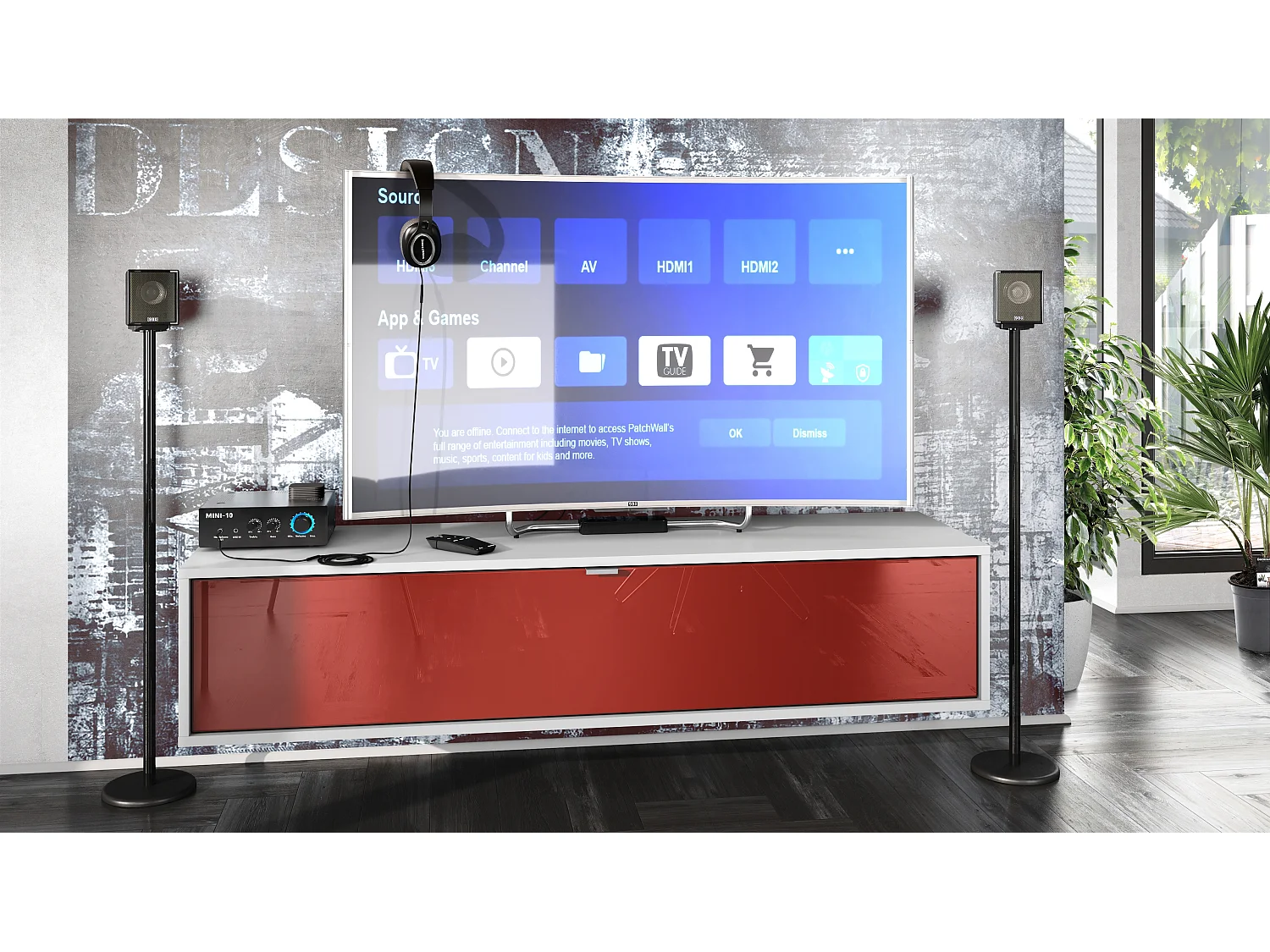 Meuble TV Lana 140 armoire murale lowboard 140 x 29 x 37 cm, caisson en blanc mat, façades en Bordeaux haute brillance | Grand choix de couleurs