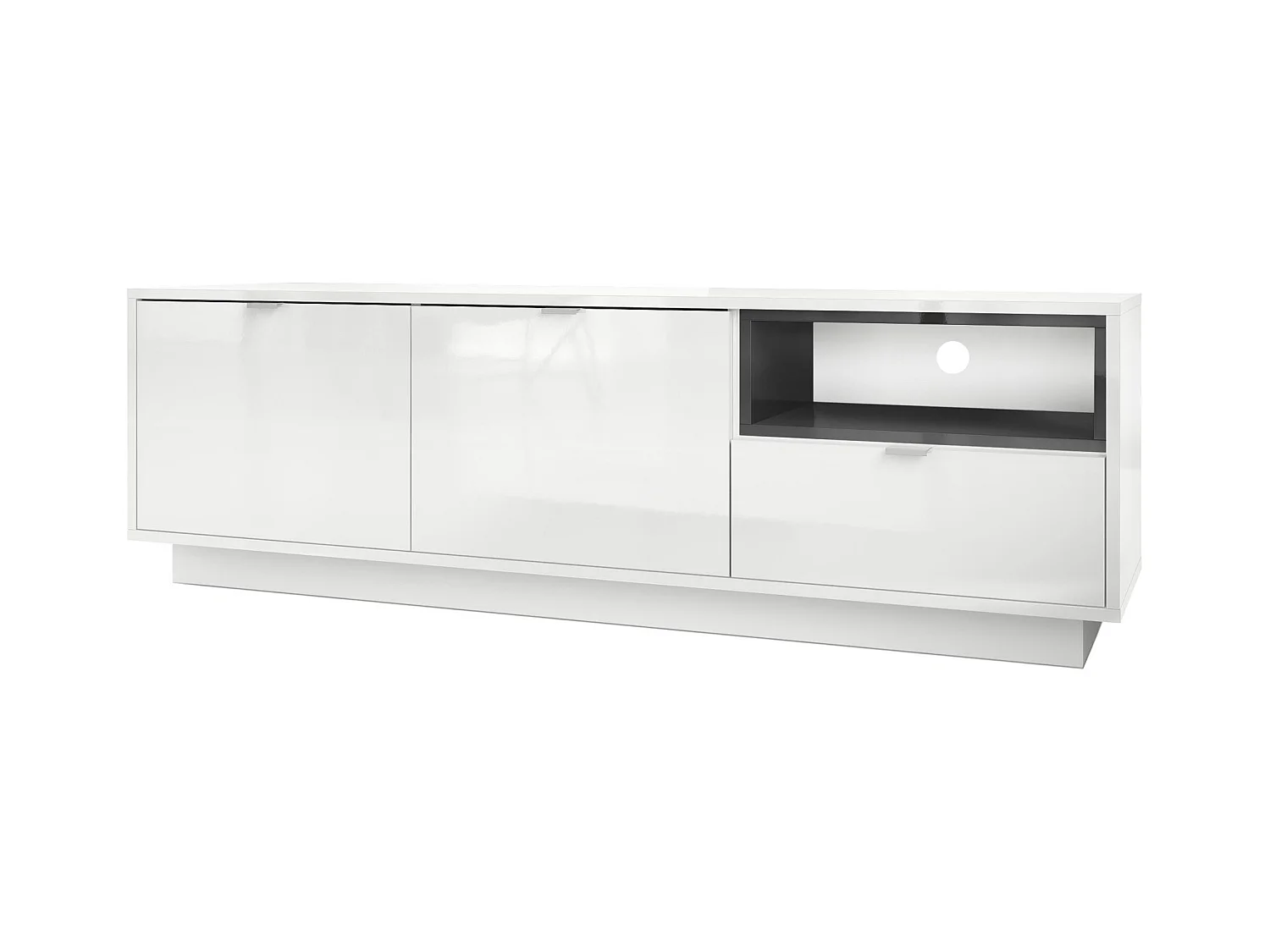 Meuble TV Armoire Metro, Corps en Blanc haute brillance / Façades en Blanc haute brillance avec une insertion en Noir haute brillance
