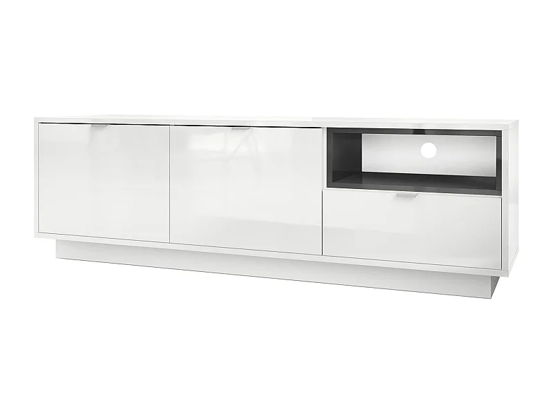 Mesa baja para TV Metro, cuerpo en blanco de alto brillo / Frente en blanco de alto brillo con inserción en compartimento abierto en negro de alto brillo