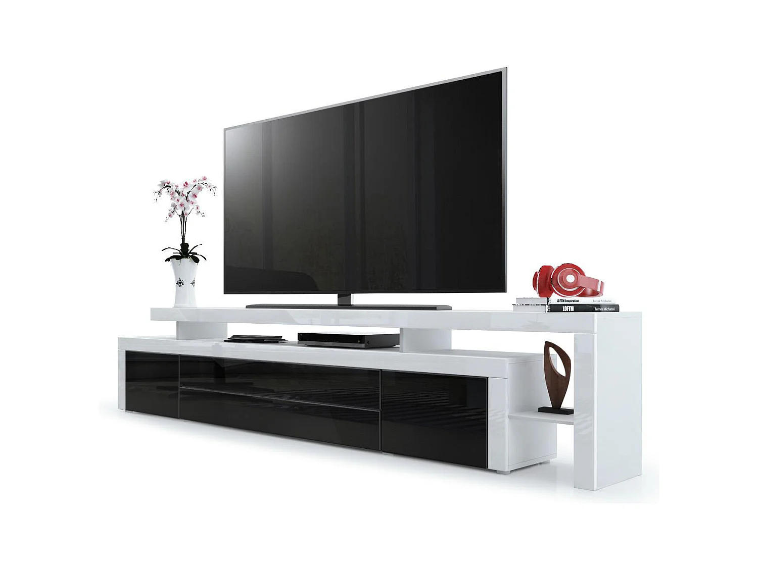 Meuble TV bas Leon, Corps en blanc mat / Façades en noir haute brillance avec une bodure en blanc haute brillance (227 x 52 x 35 cm)