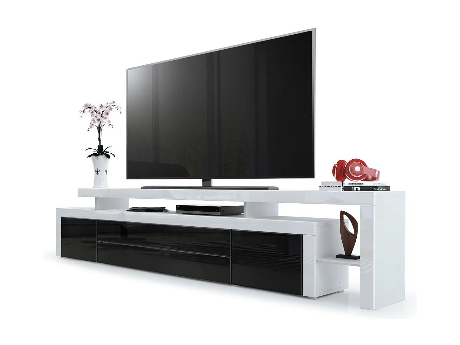 Meuble TV bas Leon, Corps en blanc mat / Façades en noir haute brillance avec une bodure en blanc haute brillance (227 x 52 x 35 cm)