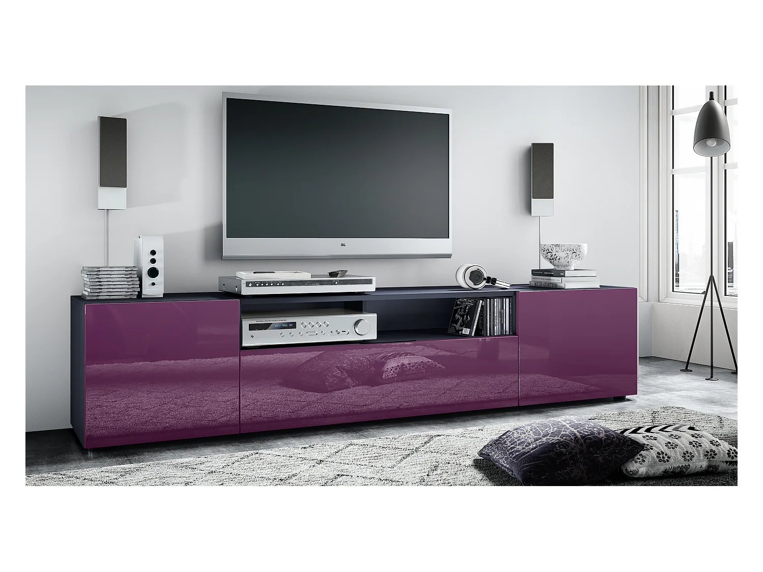 Meuble TV Mogan 181 x 39 x 35 cm, lowboard long avec 6 compartiments, caisson en anthracite mat, façades en Mûre haute brillance