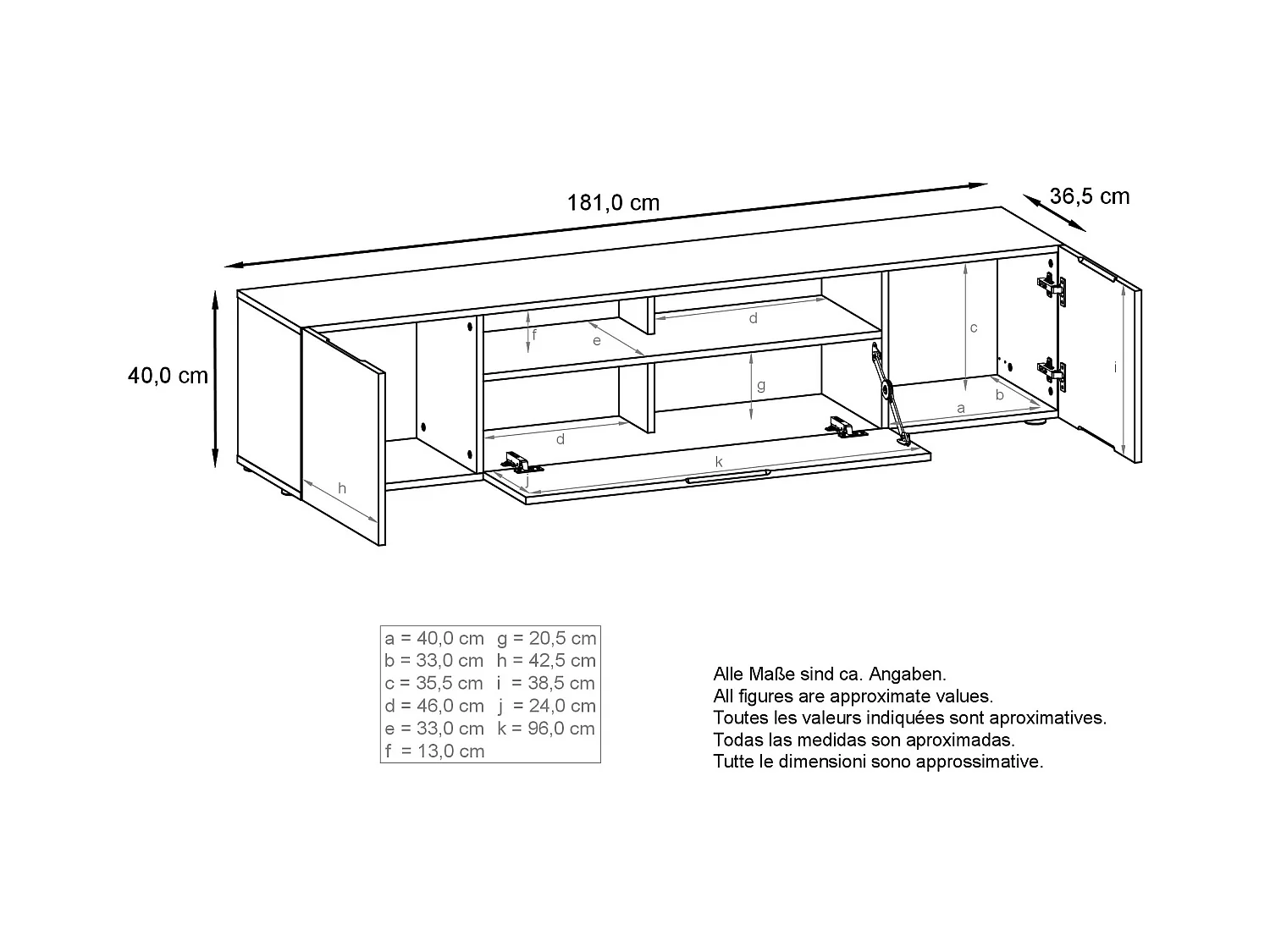 Meuble TV Mogan 181 x 39 x 35 cm, lowboard long avec 6 compartiments, caisson en anthracite mat, façades en Mûre haute brillance