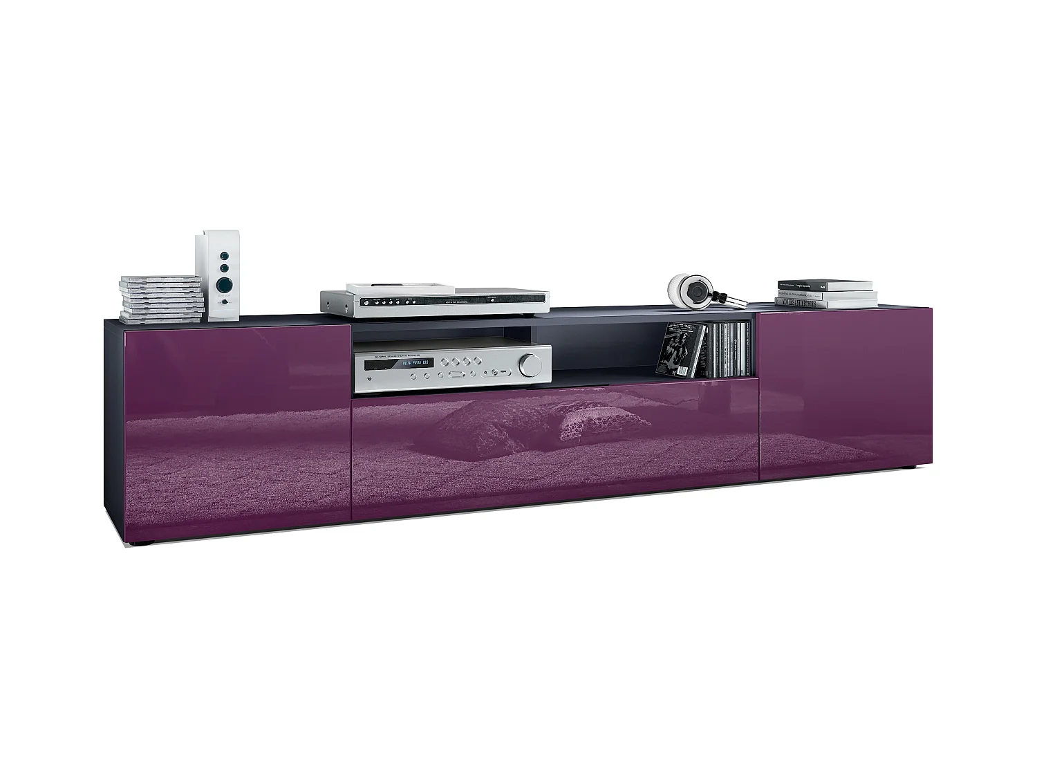 Meuble TV Mogan 181 x 39 x 35 cm, lowboard long avec 6 compartiments, caisson en anthracite mat, façades en Mûre haute brillance