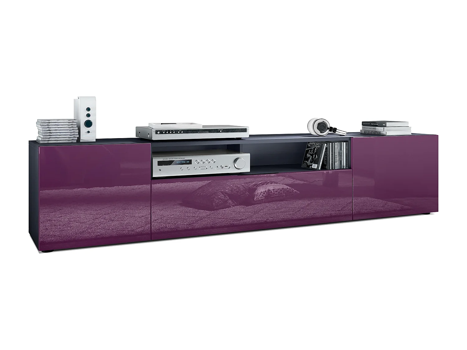 TV Board Mogan 181 x 39 x 35 cm, lavagna lunga con 6 scomparti, corpo in antracite opaco, frontali in violetto-porpora High Gloss