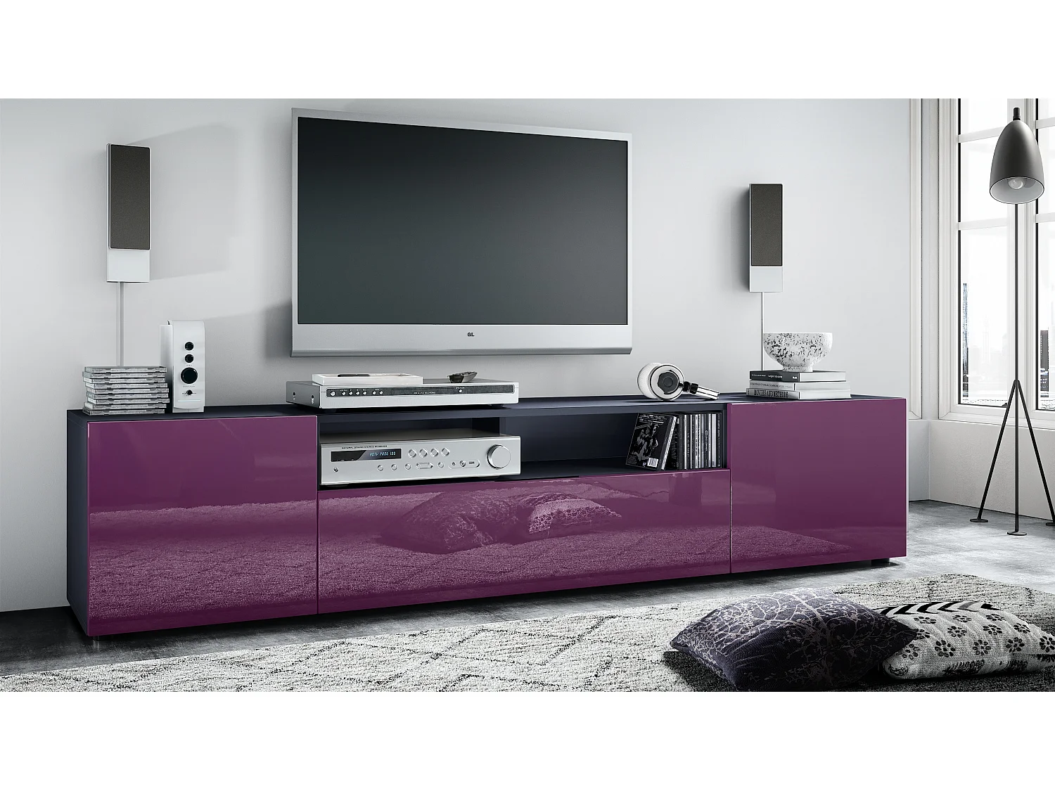 TV Board Mogan 181 x 39 x 35 cm, lavagna lunga con 6 scomparti, corpo in antracite opaco, frontali in violetto-porpora High Gloss