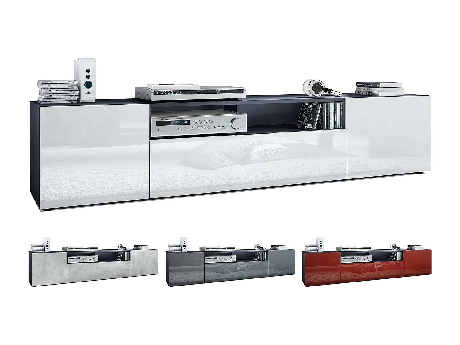 TV Board Mogan 181 x 39 x 35 cm, lavagna lunga con 6 scomparti, corpo in antracite opaco, frontali in violetto-porpora High Gloss