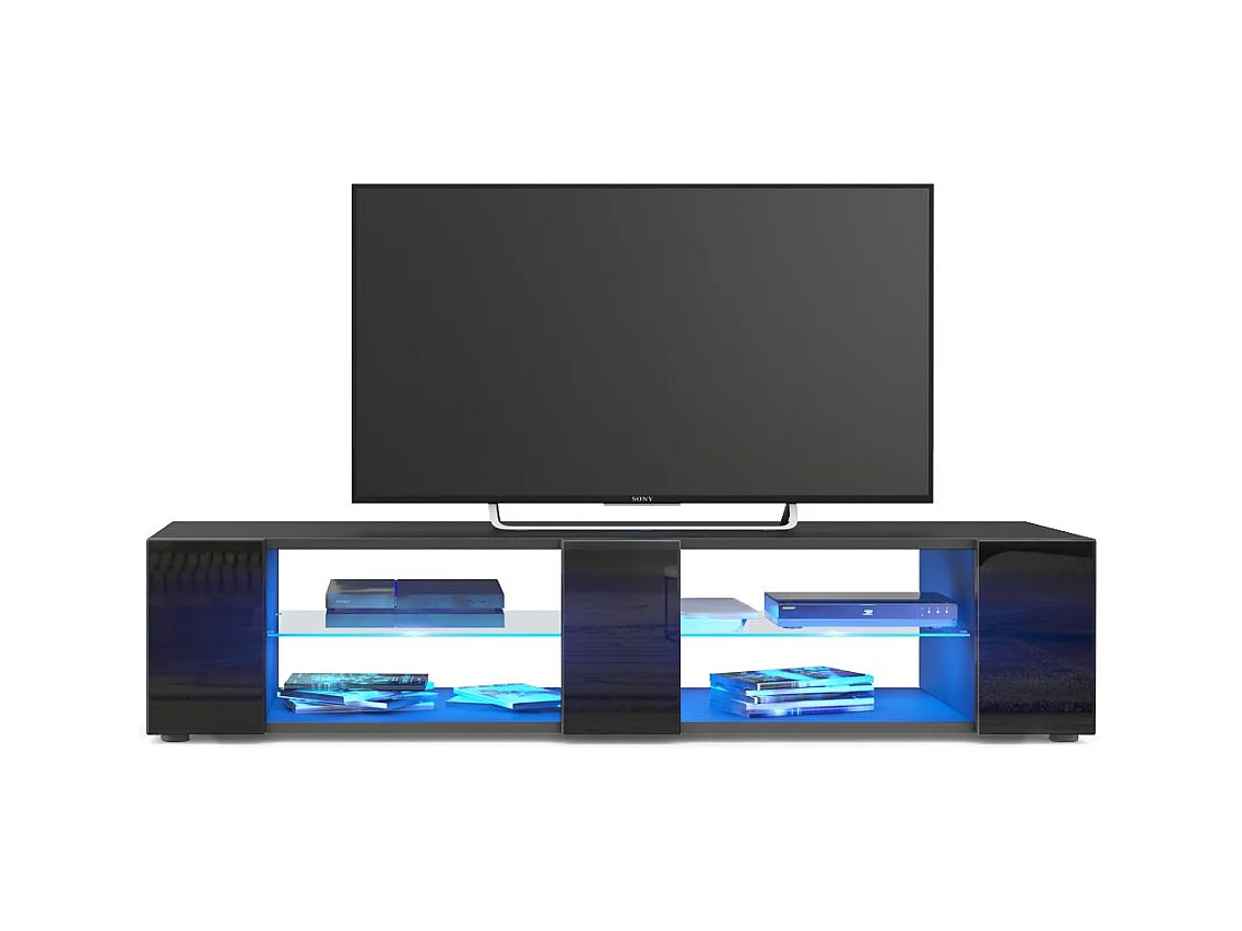 Buffet bas Movie V2, Meuble TV avec 6 compartiments ouverts et placages décoratifs, Noir mat/Noir brillant, éclairage LED bleu inclus (134 x 29 x 39 cm)