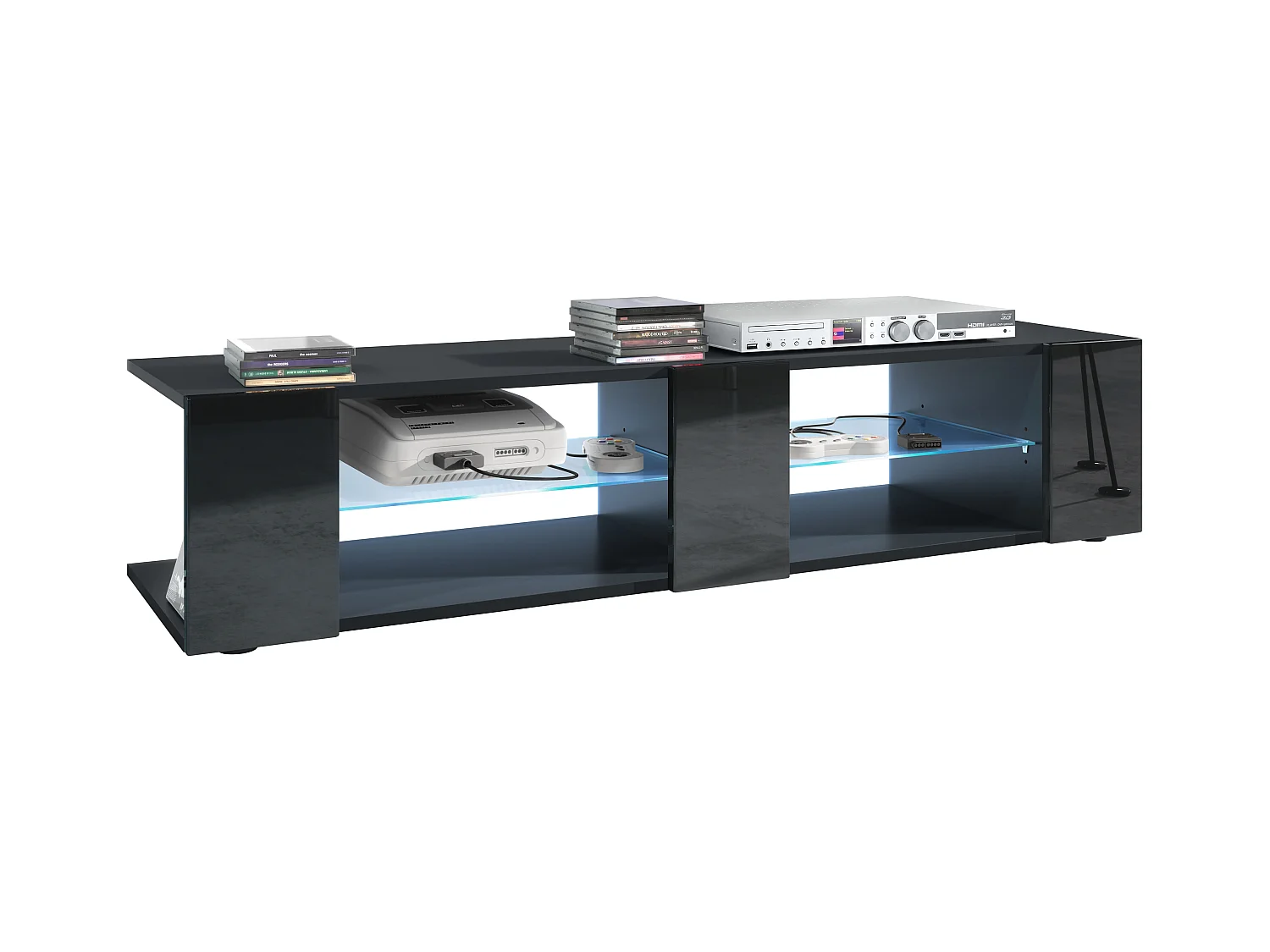 Buffet bas Movie V2, Meuble TV avec 6 compartiments ouverts et placages décoratifs, Noir mat/Noir brillant, éclairage LED bleu inclus (134 x 29 x 39 cm)