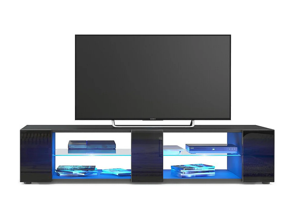 Buffet bas Movie V2, Meuble TV avec 6 compartiments ouverts et placages décoratifs, Noir mat/Noir brillant, éclairage LED bleu inclus (134 x 29 x 39 cm)
