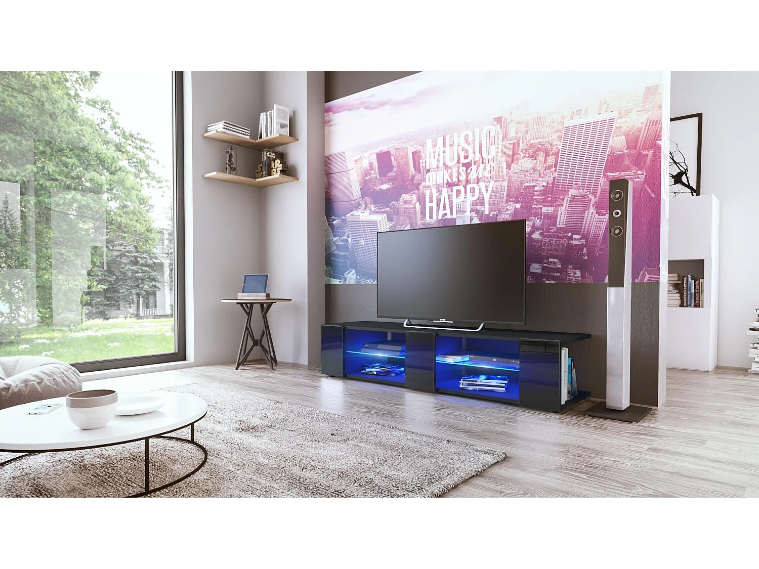 Buffet bas Movie V2, Meuble TV avec 6 compartiments ouverts et placages décoratifs, Noir mat/Noir brillant, éclairage LED bleu inclus (134 x 29 x 39 cm)