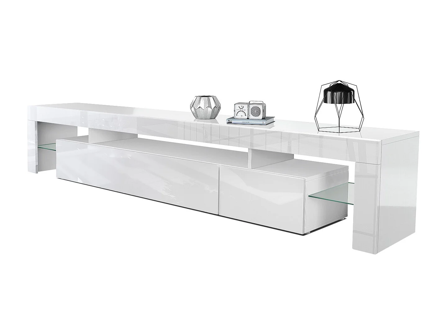Buffet bas Lima V2, Meuble TV avec 2 clapets, 1 compartiment ouvert et 2 étagères en verre, Blanc haute brillance/Blanc haute brillance (189 x 38 x 35 cm)