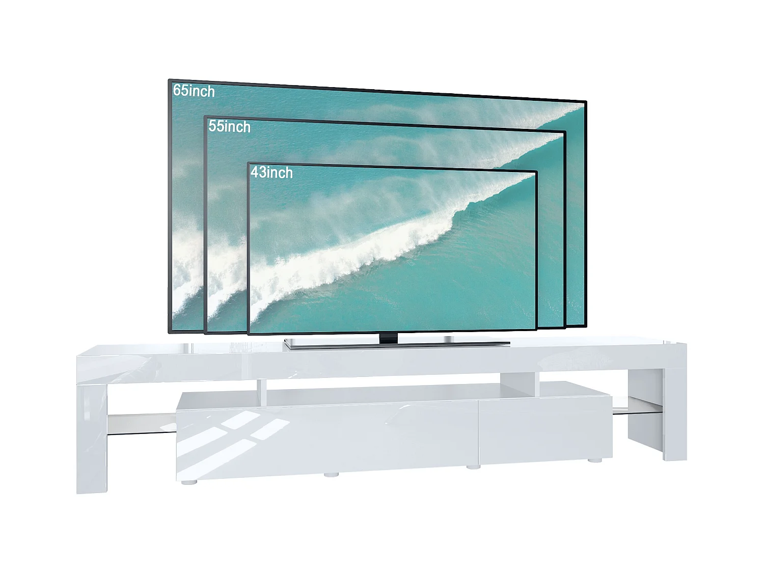 Buffet bas Lima V2, Meuble TV avec 2 clapets, 1 compartiment ouvert et 2 étagères en verre, Blanc haute brillance/Blanc haute brillance (189 x 38 x 35 cm)