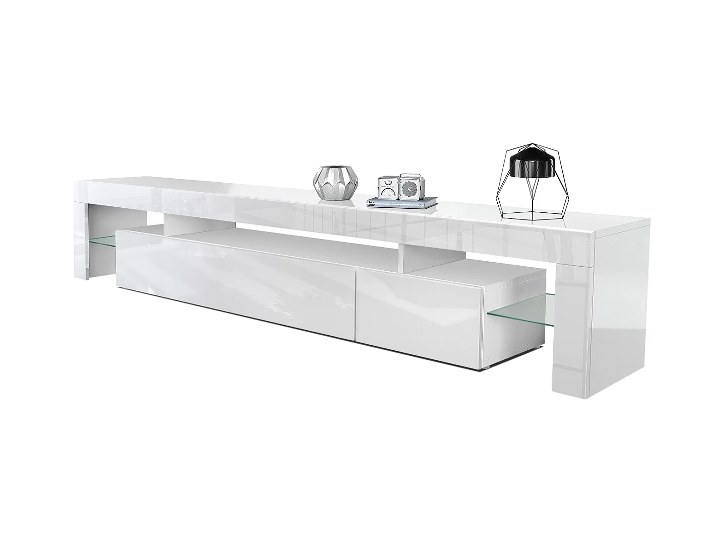 Mobiletto  Lima V2, mobile TV con 2 ante a ribalta, 1 vano a giorno e 2 ripiani in vetro, bianco lucido/bianco lucido (189 x 38 x 35 cm)
