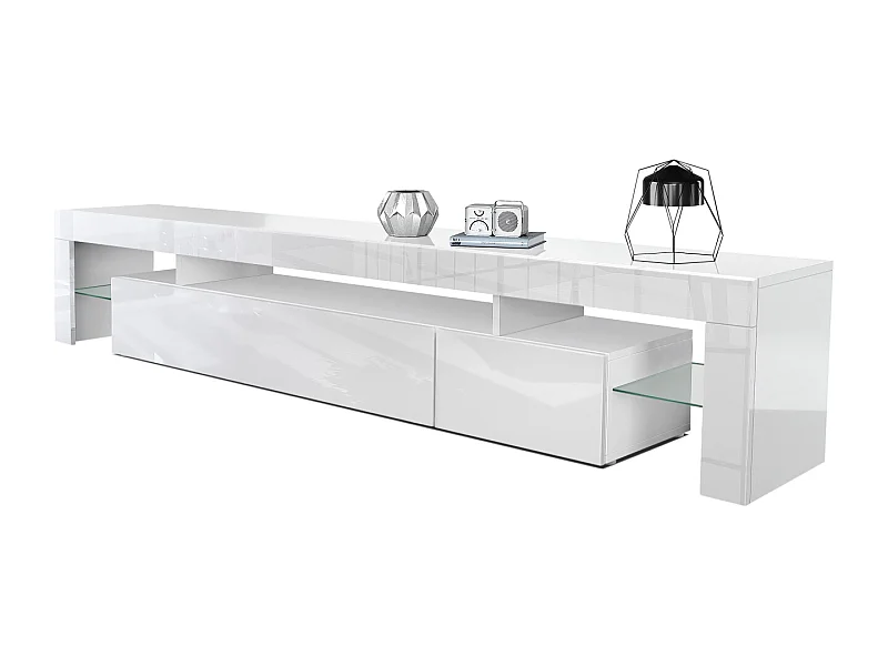 Mobiletto  Lima V2, mobile TV con 2 ante a ribalta, 1 vano a giorno e 2 ripiani in vetro, bianco lucido/bianco lucido (189 x 38 x 35 cm)