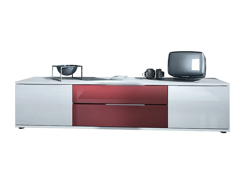 Tavolino TV Linio V2, tavolo TV con 2 ante e 2 cassetti - Bianco / bordeaux lucido (166,5 x 37,5 x 35 cm)