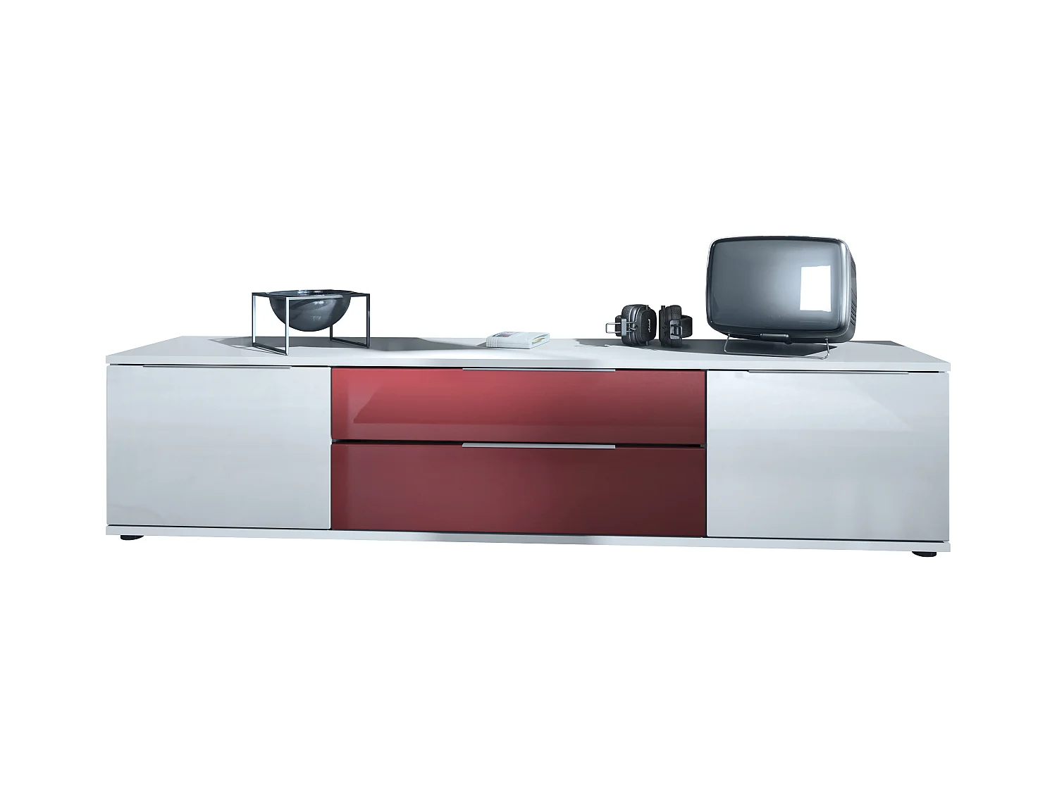 Buffet TV Linio V2, Table de télévision avec 2 portes et 2 tiroirs - Blanc / bordeaux haute brillance (166,5 x 37,5 x 35 cm)